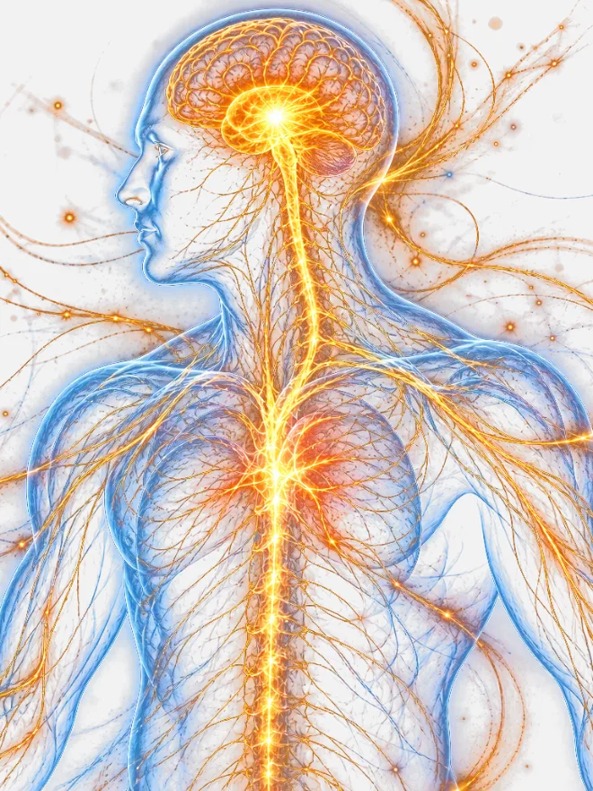 Illustration of the human nervous system, showing the brain and spinal cord signalling out to the limbs